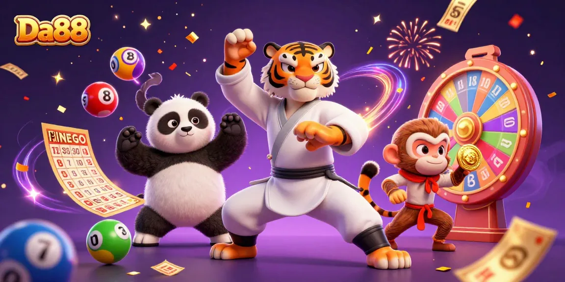 Play thrilling games at Da88 with vibrant characters celebrating wins in a dynamic casino scene.