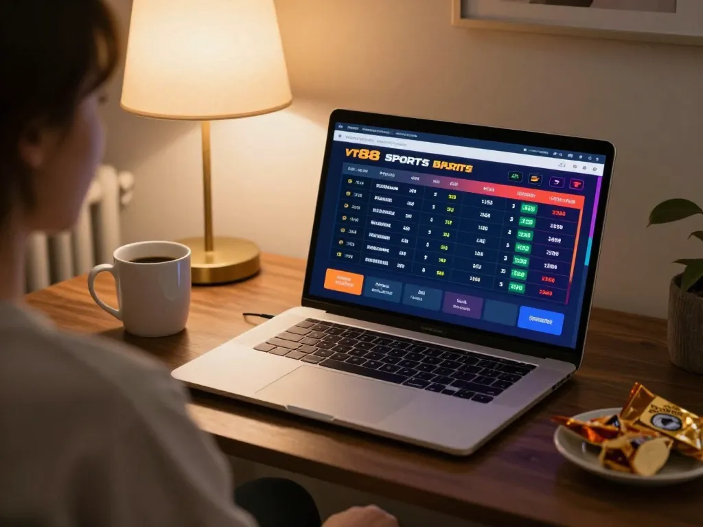 Engaging scene of a player exploring vt88 online betting options on a sleek laptop in a cozy home setting.