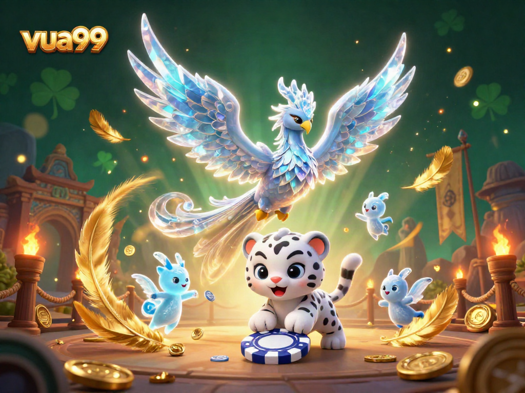 Experience thrilling wins at vua99 with a vibrant scene featuring an ice phoenix and lucky symbols.