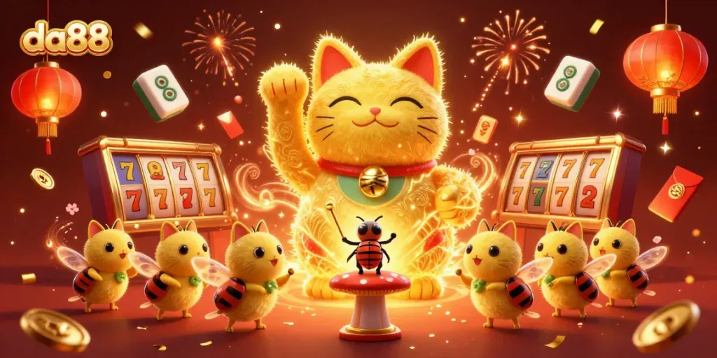 Experience the thrill of da88 with a vibrant 3D casino-themed illustration featuring a lucky cat and dynamic symbols.