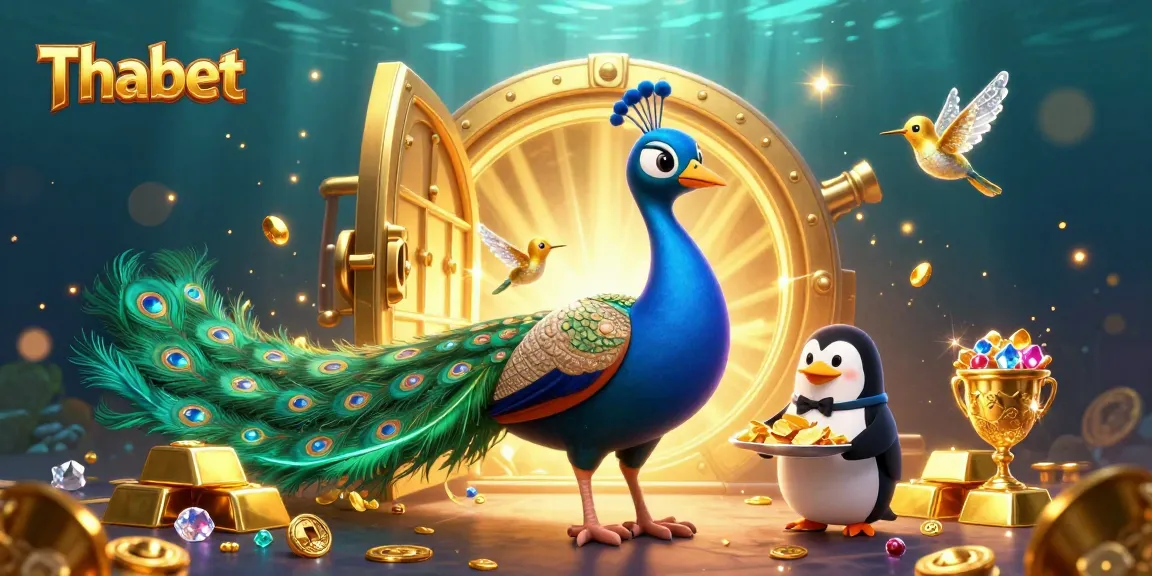 Experience the thrilling world of Thabet with an exquisite illustration of a peacock casino scene, full of gems and gold.