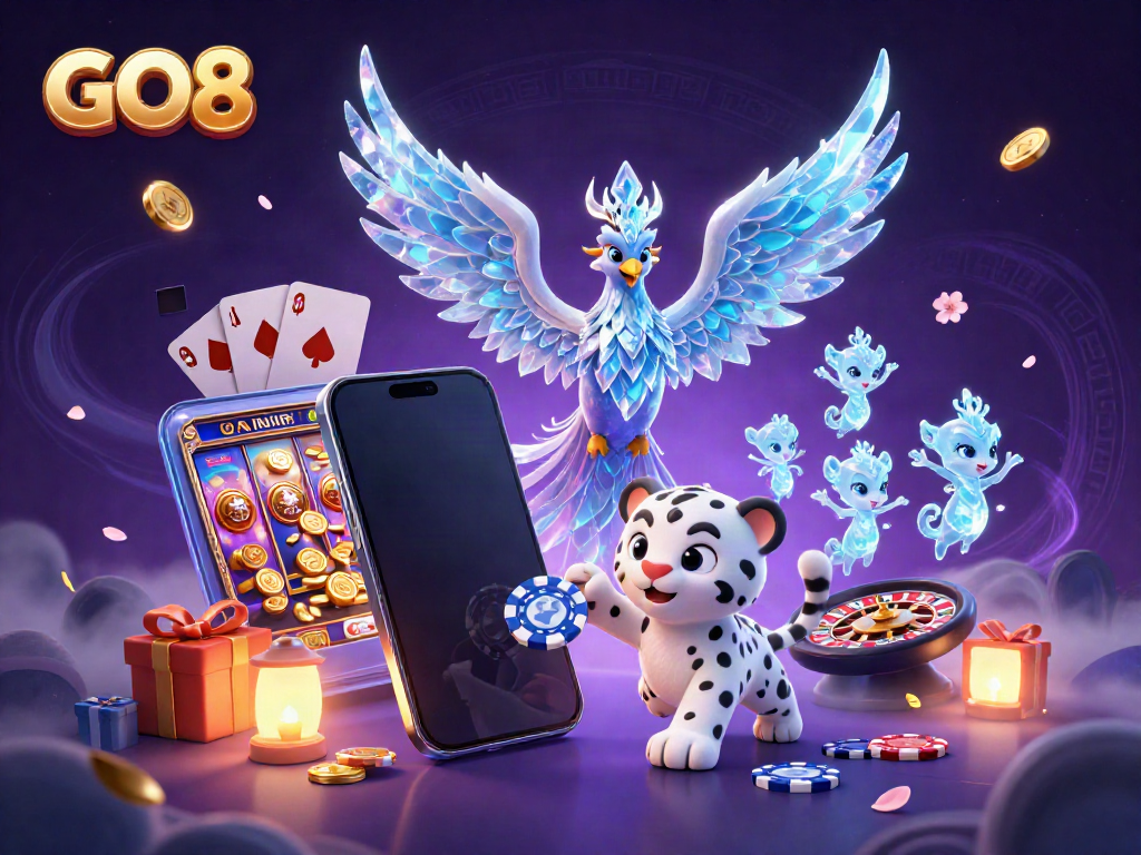 Celebrate winnings at GO8 with a vibrant 3D scene featuring an ice phoenix, playful leopard cub, and dynamic casino elements.