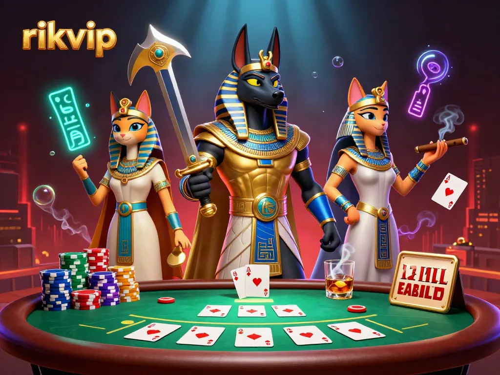 Experience the thrill of rikvip with Anubis and Bastet in a vibrant 3D casino action scene.