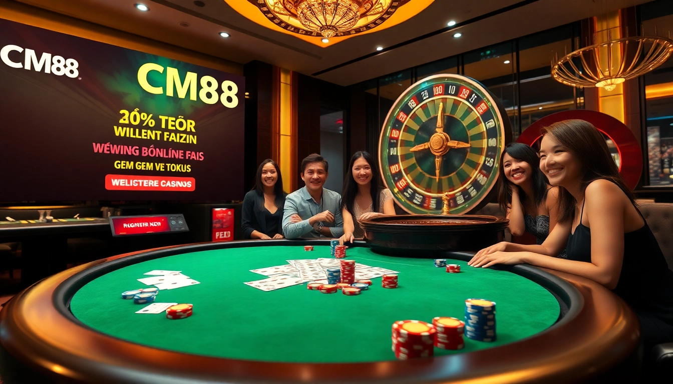 Experience the thrill of CM88 đăng ký with vibrant casino visuals showcasing poker, roulette, and welcome bonuses.