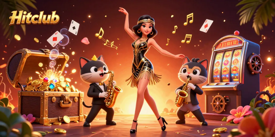 Hitclub’s vibrant online casino scene with slots, rich treasures, and 3D characters creating excitement.