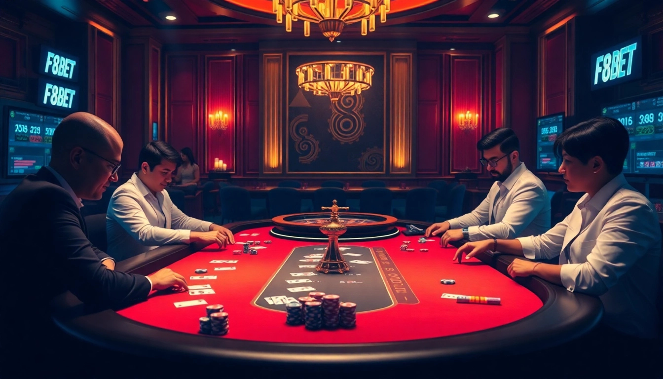Experience the thrilling atmosphere of F8BET with high-stakes poker gameplay and vibrant casino visuals.