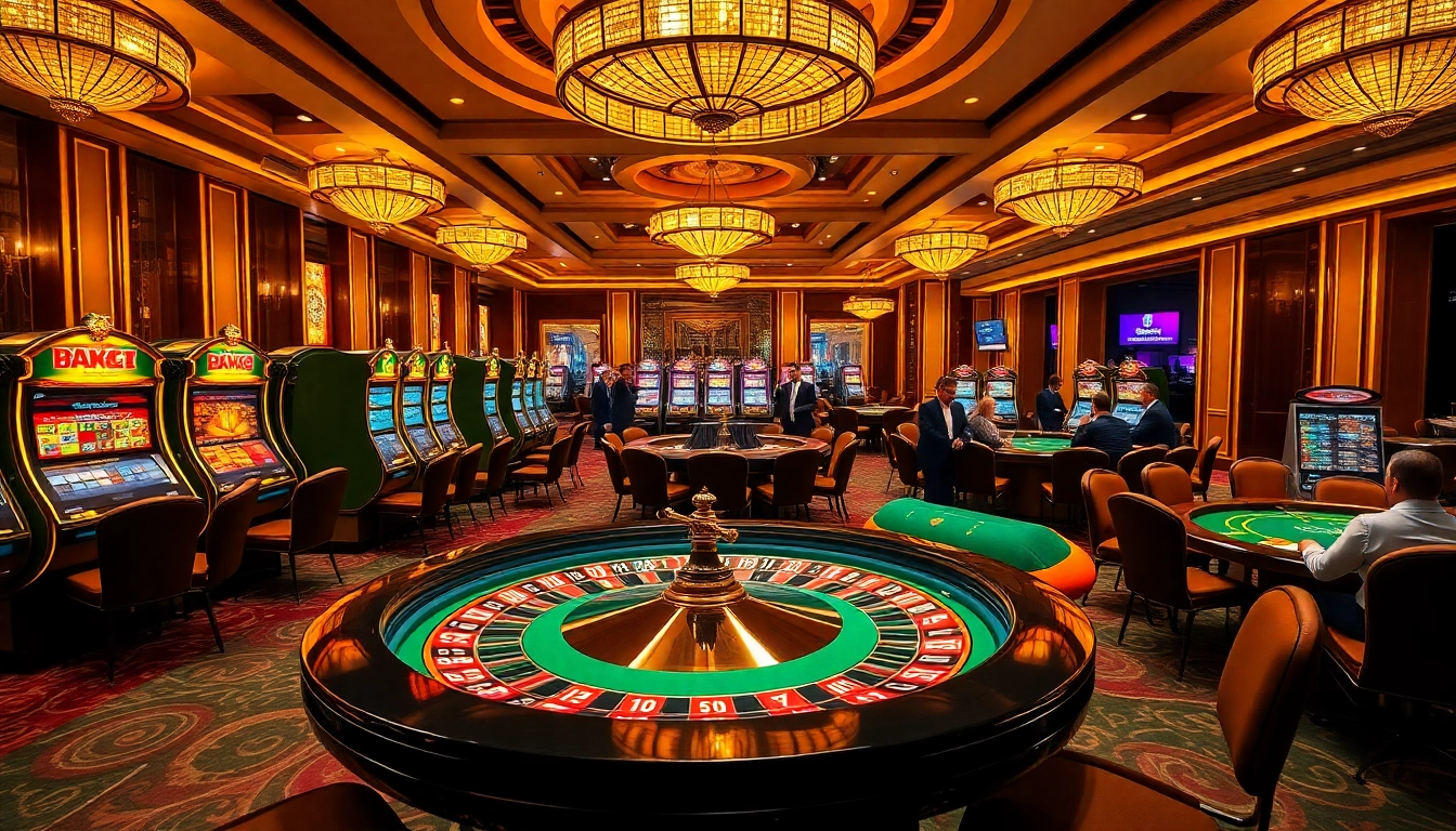 Exciting atmosphere of a luxurious casino showcasing roulette, poker, and slot machines at https://ga888v.net/.