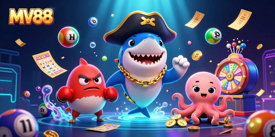 MV88 showcases an adventurous pirate shark and friends engaging in exciting lottery games.