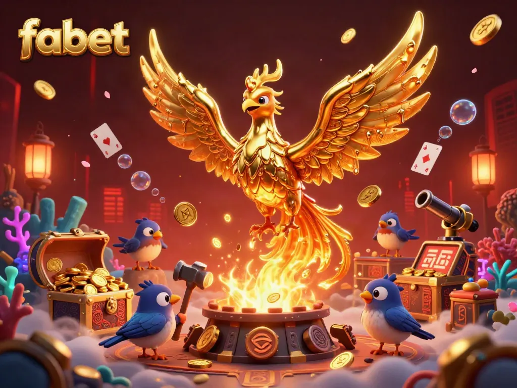 Experience winning moments at fabet with vibrant 3D illustrations of a golden phoenix and casino elements.