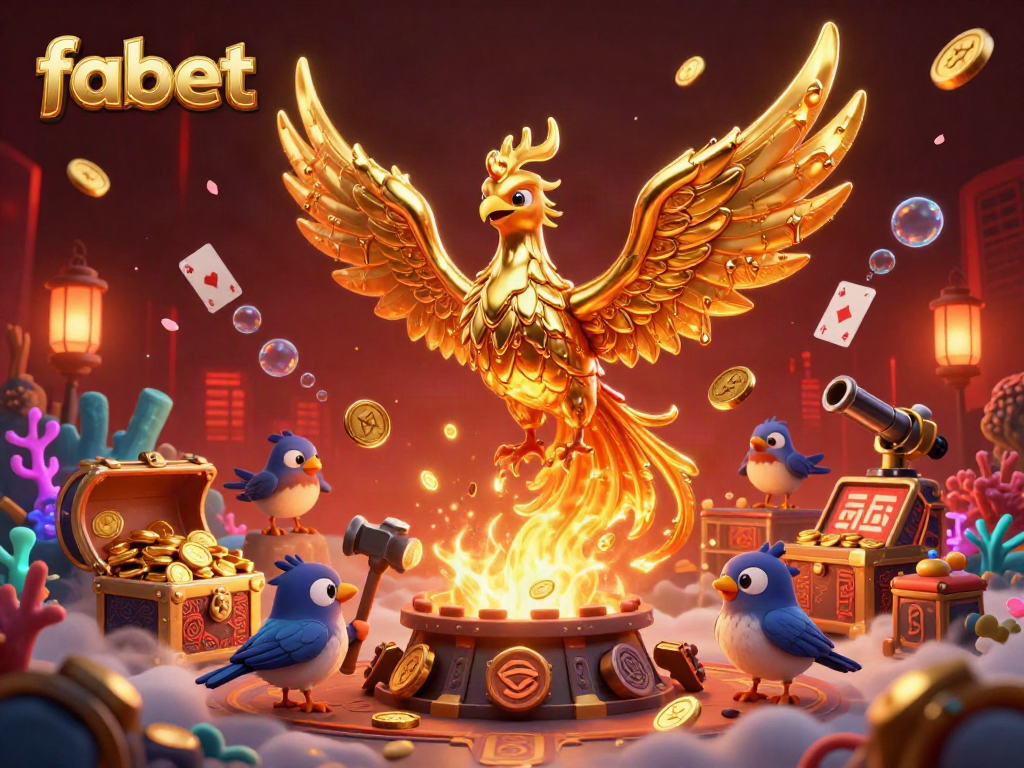 Experience winning moments at fabet with vibrant 3D illustrations of a golden phoenix and casino elements.