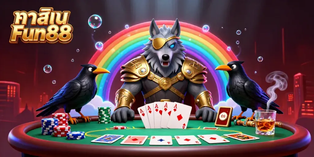 Engage with คาสิโน Fun88 in a vibrant 3D illustration showcasing Odin and ravens amidst a casino scene.
