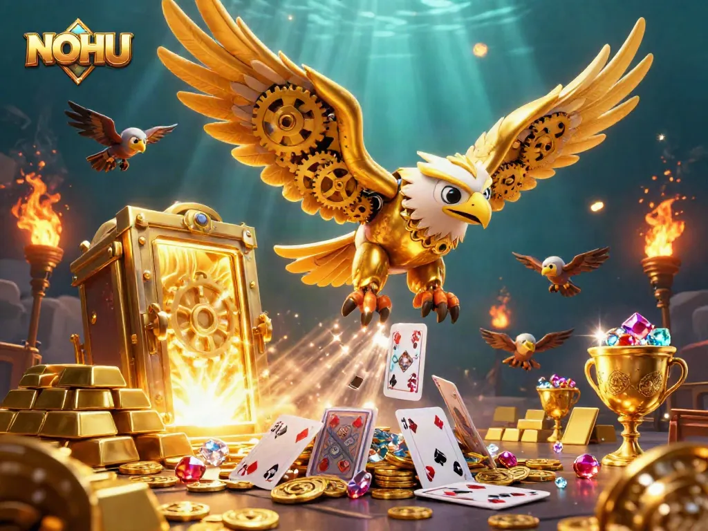 Experience the thrill of NOHU with a golden eagle diving through holographic cards in a dazzling casino scene.