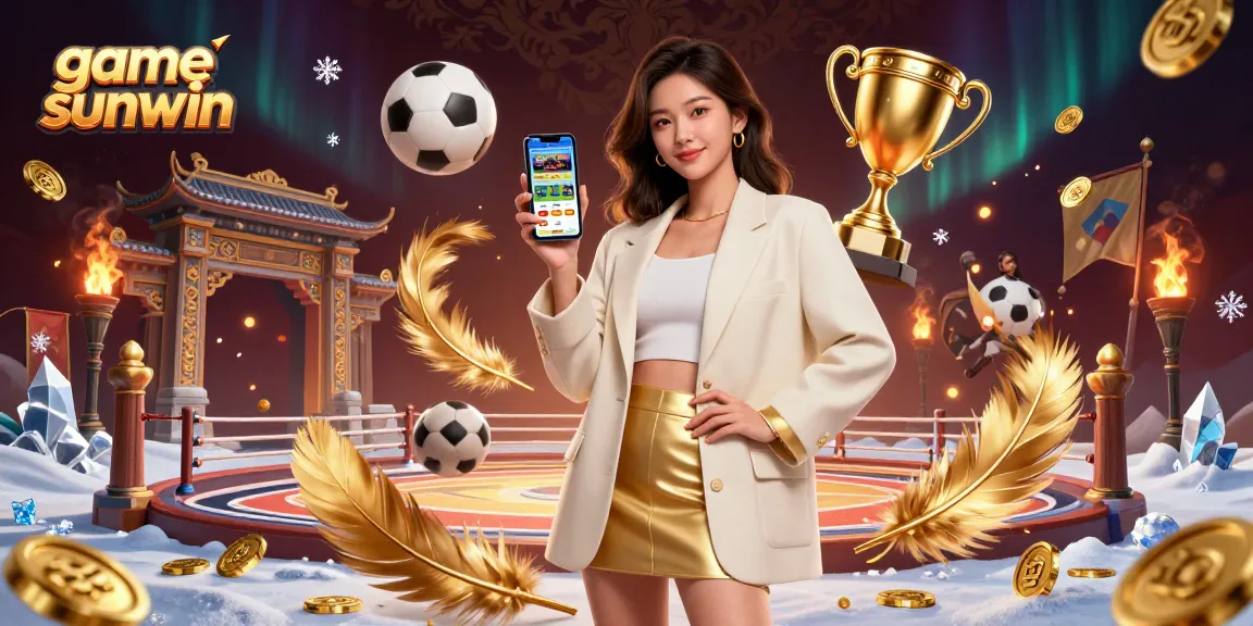 Engage with the game sunwin as a beautiful Asian woman showcases a sports betting app amidst vibrant casino elements.