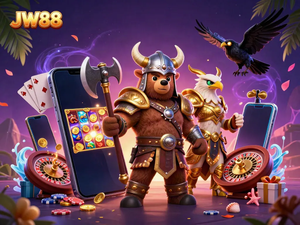Experience thrilling gaming with JW88's Viking characters, showcasing action-packed casino elements.