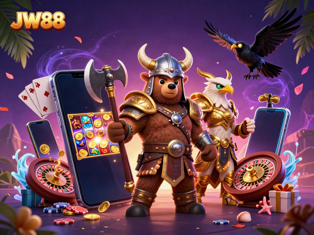 Experience thrilling gaming with JW88's Viking characters, showcasing action-packed casino elements.