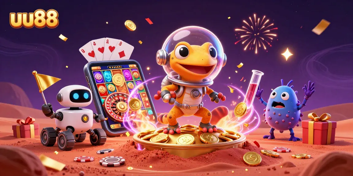 uu88 invites players to explore a dynamic Martian casino adventure with a cartoon gecko discovering games.