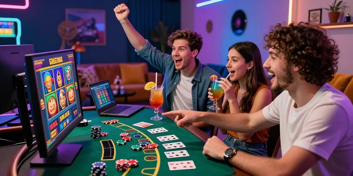 Diverse friends enjoying a lively online slots game, celebrating wins, and engaging with vibrant slot gacor graphics.