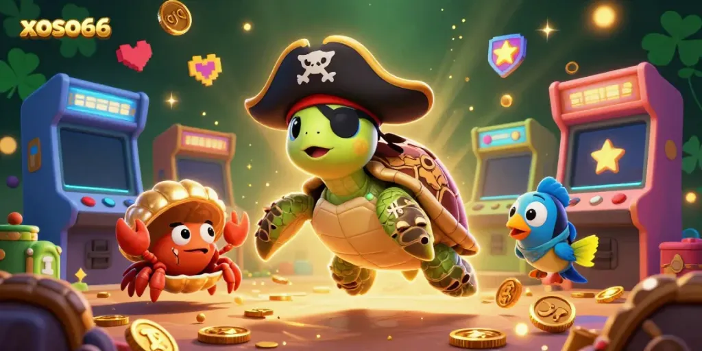 Experience thrilling gaming with xoso66, featuring a pirate turtle and treasures in a vibrant casino theme.