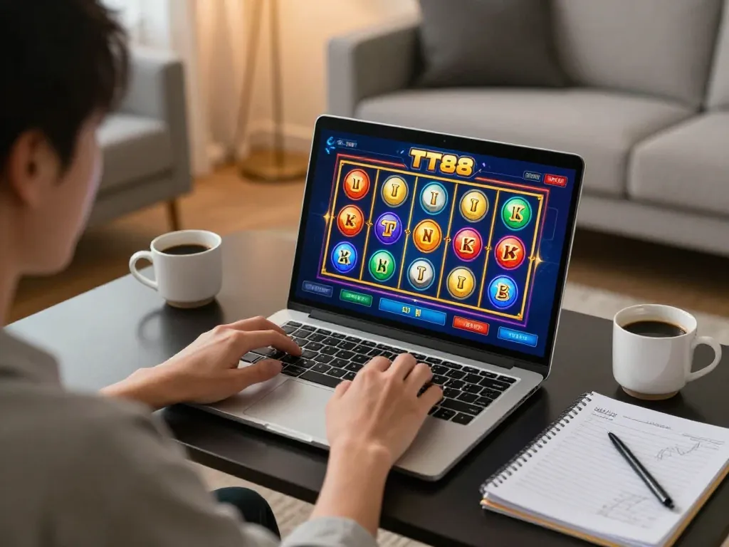 Playing TT88 nổ hũ on a laptop while enjoying a cozy living room atmosphere with strategy notes