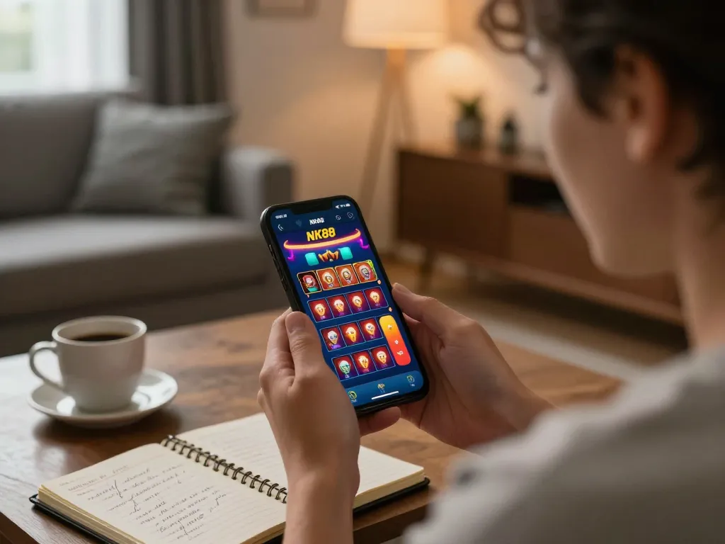 Player enjoying engaging games on NK88 mobile app in a cozy setting, highlighting exceptional online gambling experience.