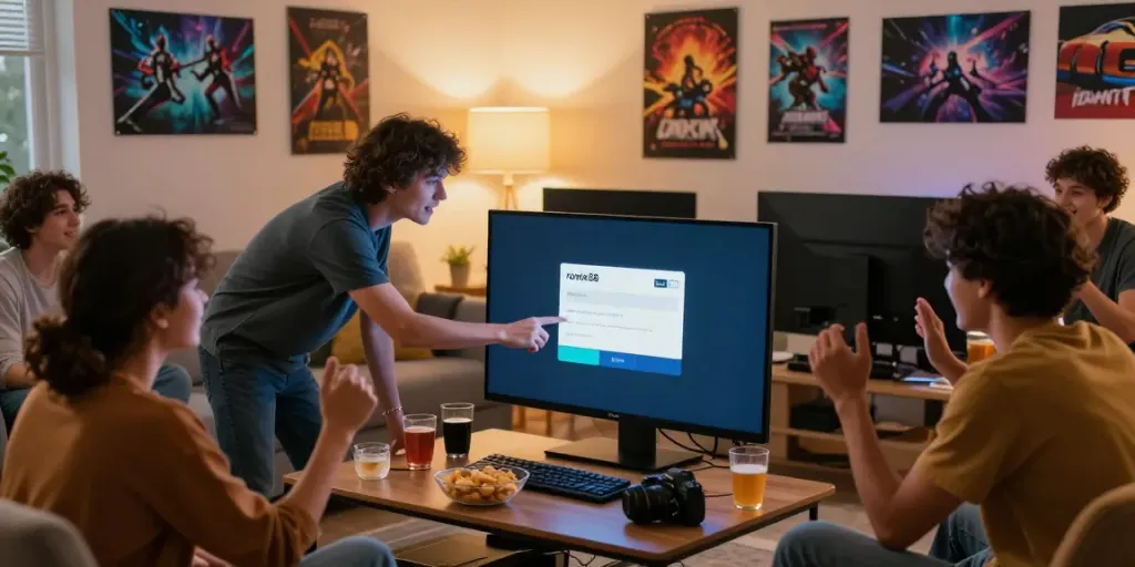Friends engaged in a digital game night, using the rokok88 login on a big screen.
