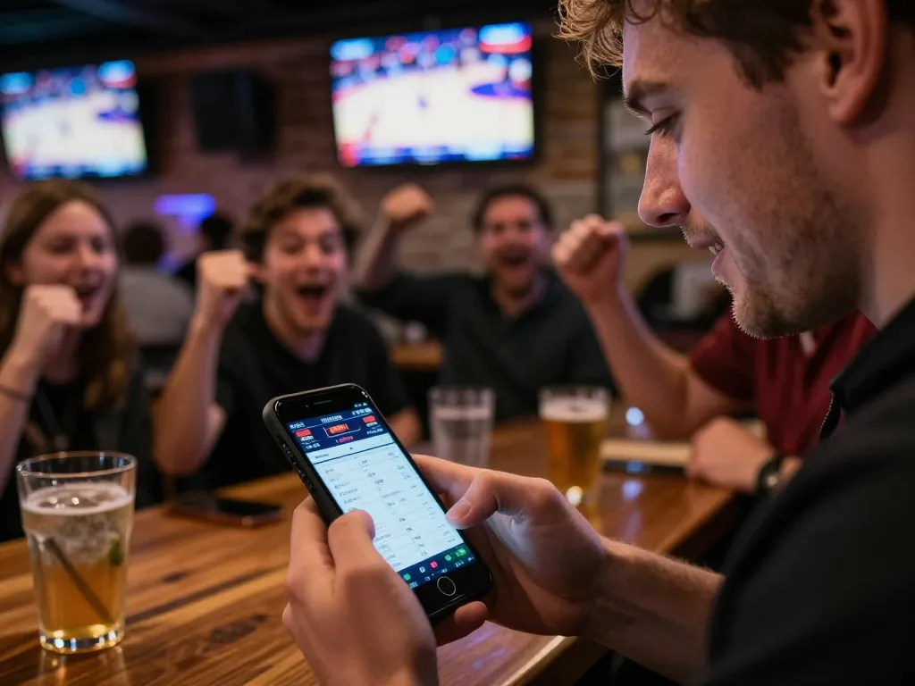 Engaging live sports betting action at https://tip88.buzz/ where friends cheer and place bets on a basketball game