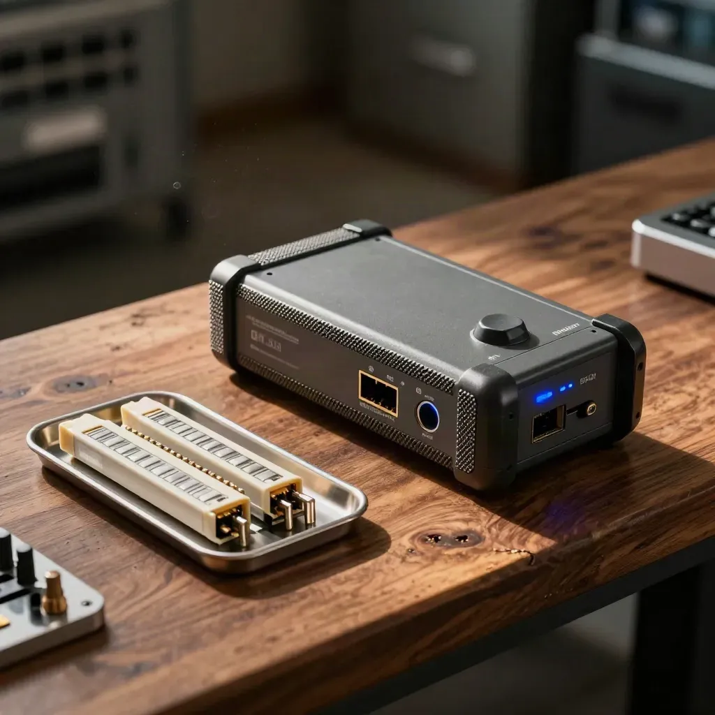 Ethernet tester, SFP moduly a torx bity na tmavém ořechovém stole.