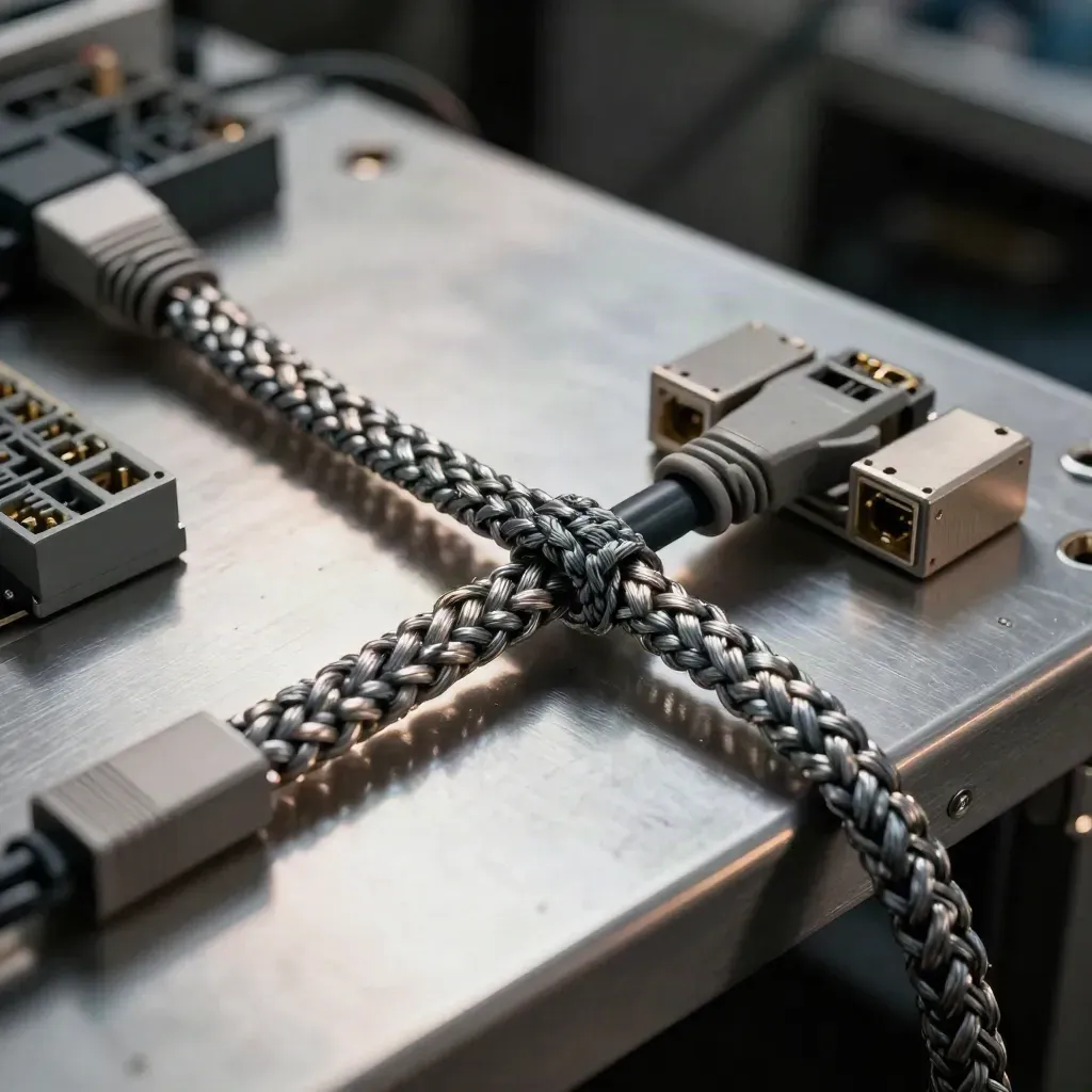 Pletený patch kabel, relé moduly a organizér kabelů na kartáčované oceli.