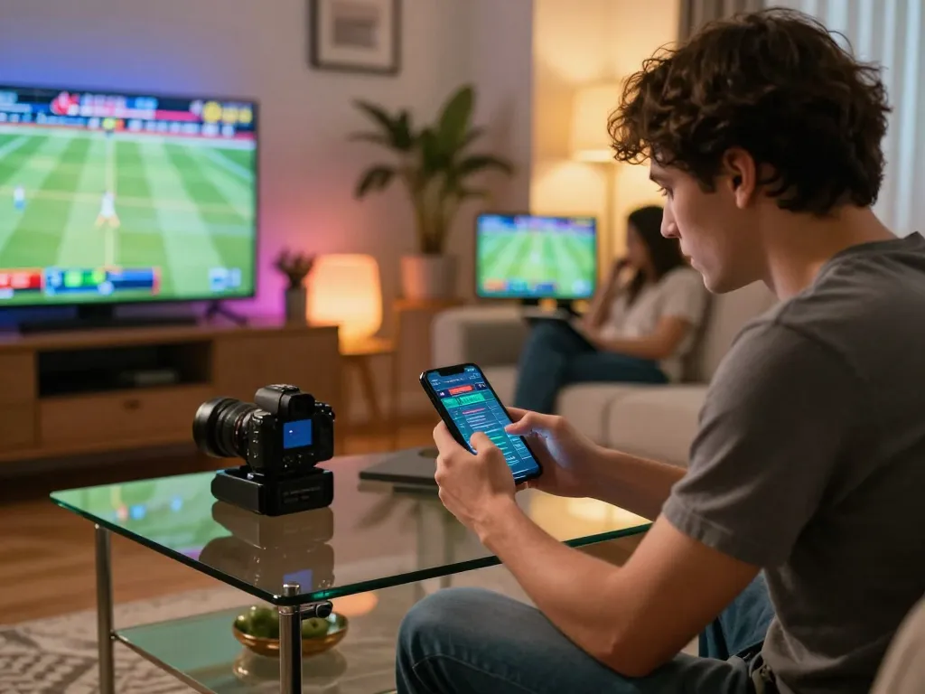 Engaged sports bettor using the mobile app for thể thao sp8bet while enjoying live sports events at home