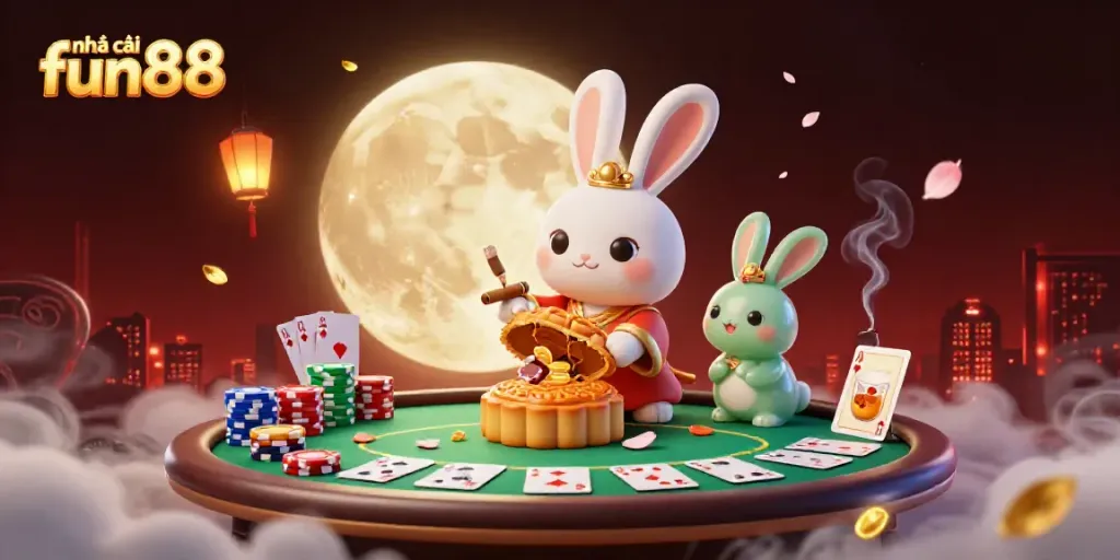 Experience the excitement of nhà cái fun88 as a moon rabbit reveals poker chips in a rich 3D illustration.