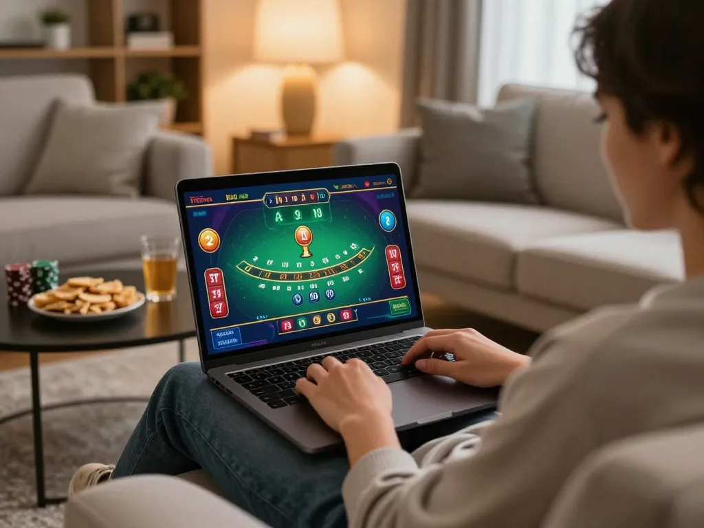 Player engaging in online blackjack at home, showcasing 32 win gaming experience with relaxed atmosphere.