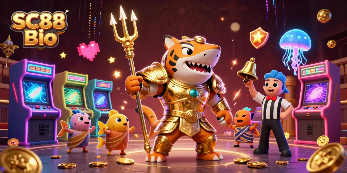 Experience the thrill of SC88 Bio with a vibrant collage of animated casino games and lively characters.