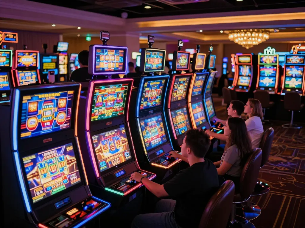 Players enjoying slot machines at XX88 casino, showcasing vibrant lights and excitement.