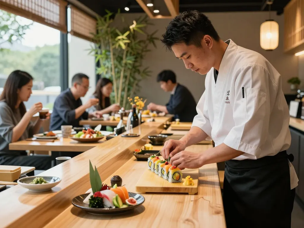 Chef preparing RED88 sushi rolls at a vibrant Asian fusion restaurant showcasing fresh ingredients and inviting atmosphere.