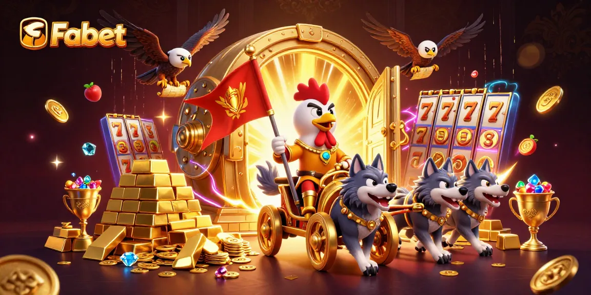 Fabet showcases a thrilling cartoon scene with a rooster warlord and golden treasures in action.