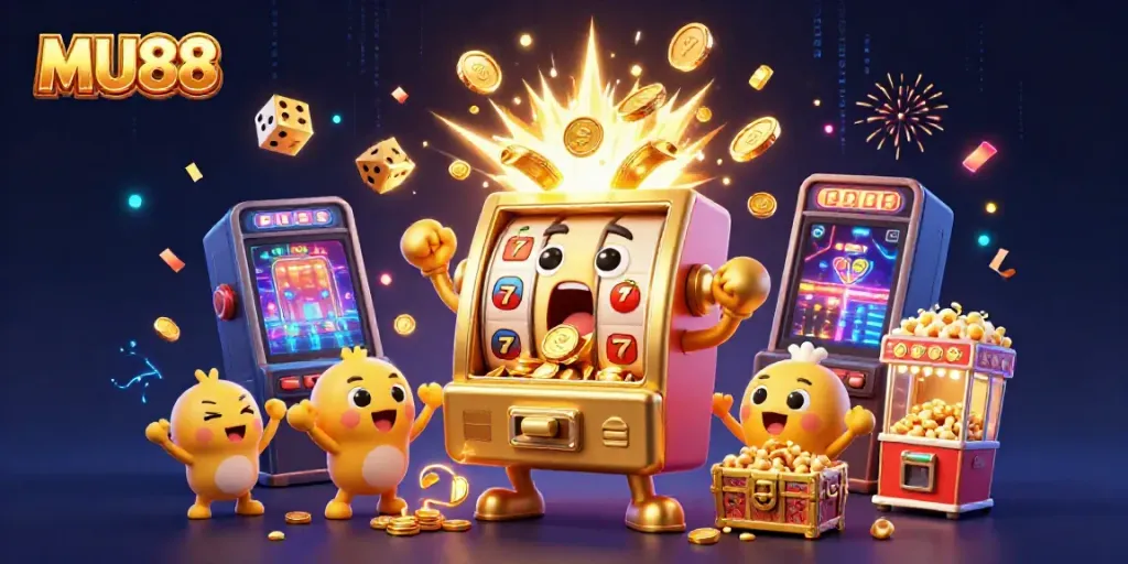 Join the excitement at MU88 as golden slot machines celebrate jackpot wins amidst a lively casino atmosphere.
