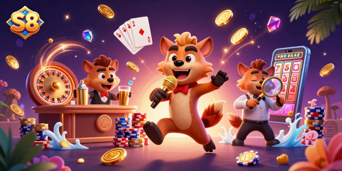 S8 players enjoy vibrant casino action with dynamic characters and elements in a colorful, engaging scene.