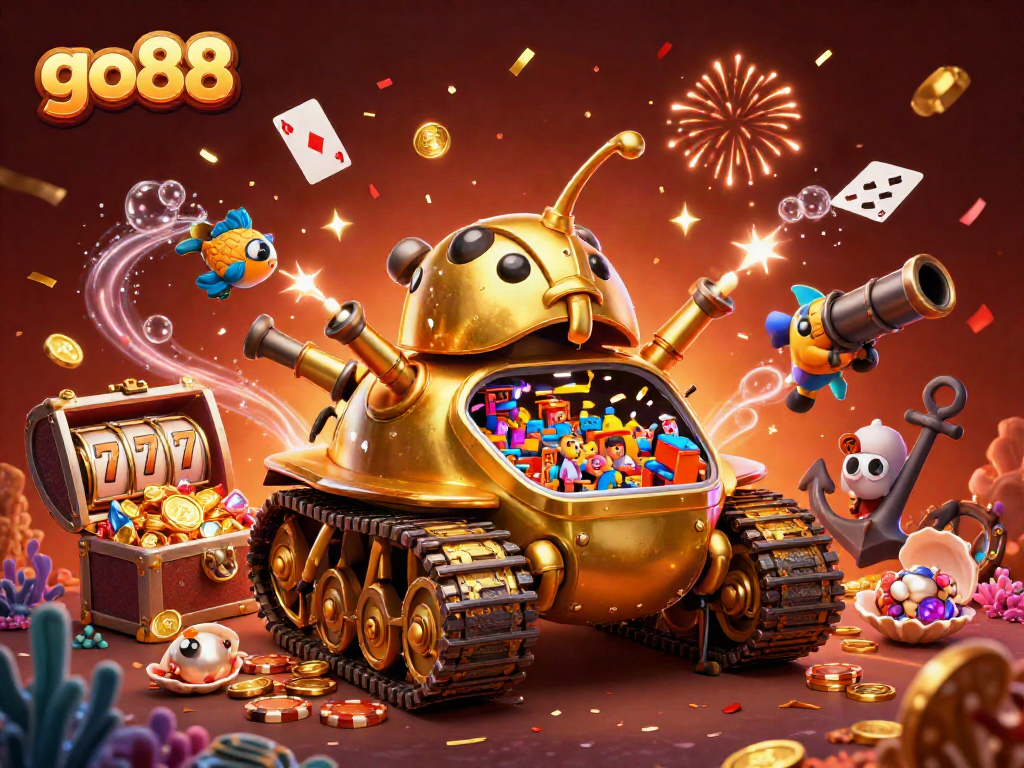 Experience the vibrant casino action of go88 with a golden beetle tank revealing mini games and celebrations.