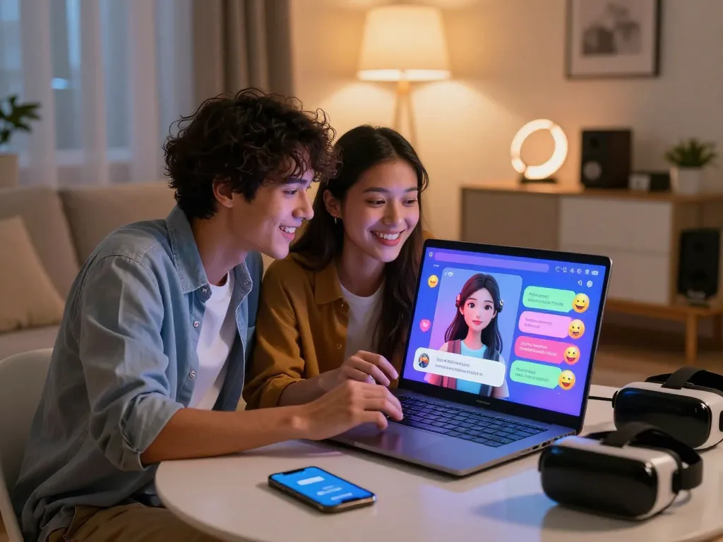 Interactive scene of a couple enjoying a girlfriend ai virtual date in a cozy living room.