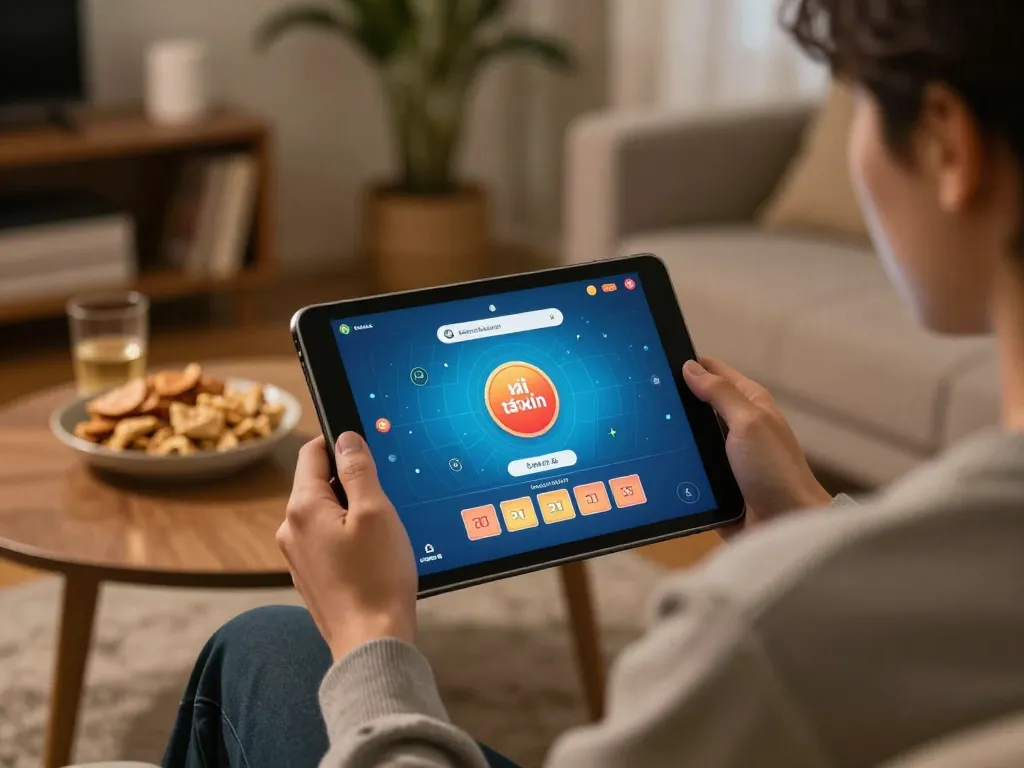 Player enjoying the app tài xỉu online on tablet, showcasing engaging gameplay in a cozy setting