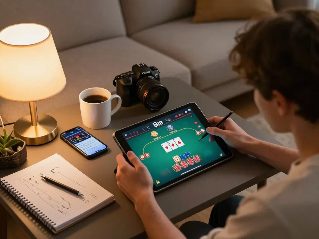 Engaged player enjoying online poker at home using RR88's casino app with strategic notes visible.