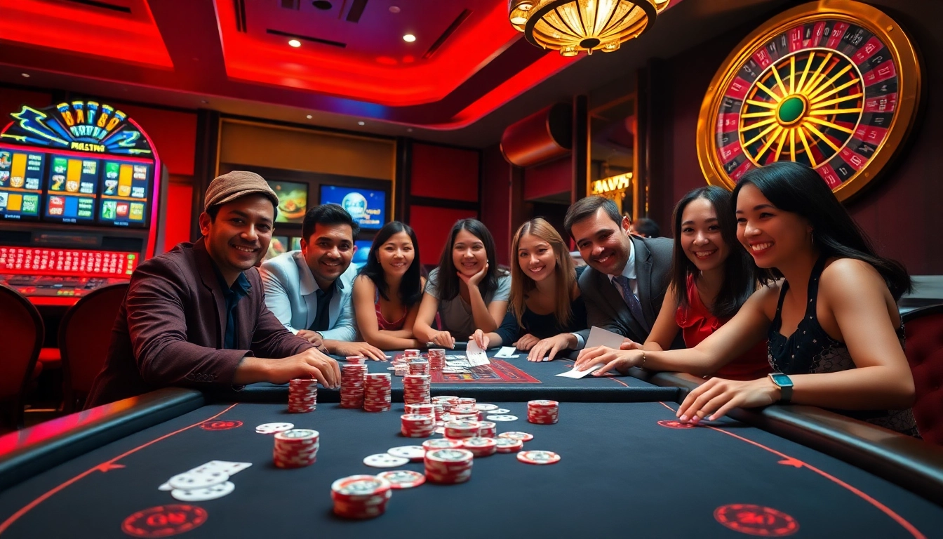 Engaging casino scene highlighting GG88 with vibrant gaming elements and enthusiastic players enjoying poker and slots.