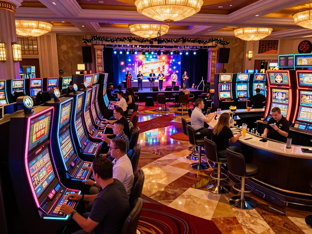 Winning moment at the casino, showcasing excitement with players celebrating, visiting https://vk88.vc/ for top gaming action.