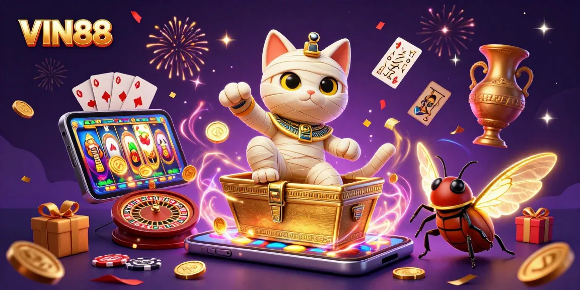 Experience the thrilling world of VIN88 with a 3D mummy cat and vibrant casino elements