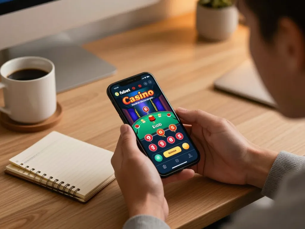 Player enjoying fabet app on smartphone while tracking bets at home desk.