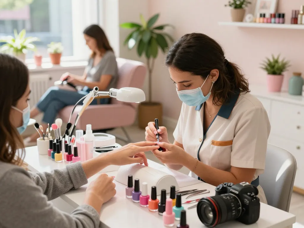 Nails being expertly manicured in a vibrant and hygienic salon, showcasing colorful nail art tools.