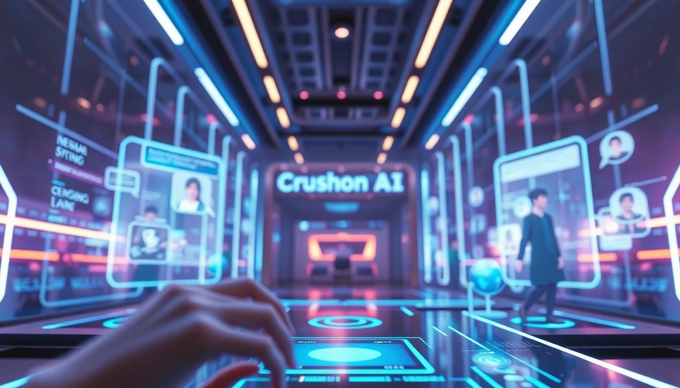 Engaging interaction with Crushon AI chatbot set in a futuristic digital environment.