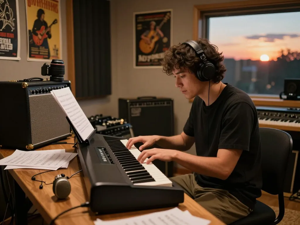 Musician playing the VK88 organ in a cozy music studio filled with vintage equipment and warm lighting.