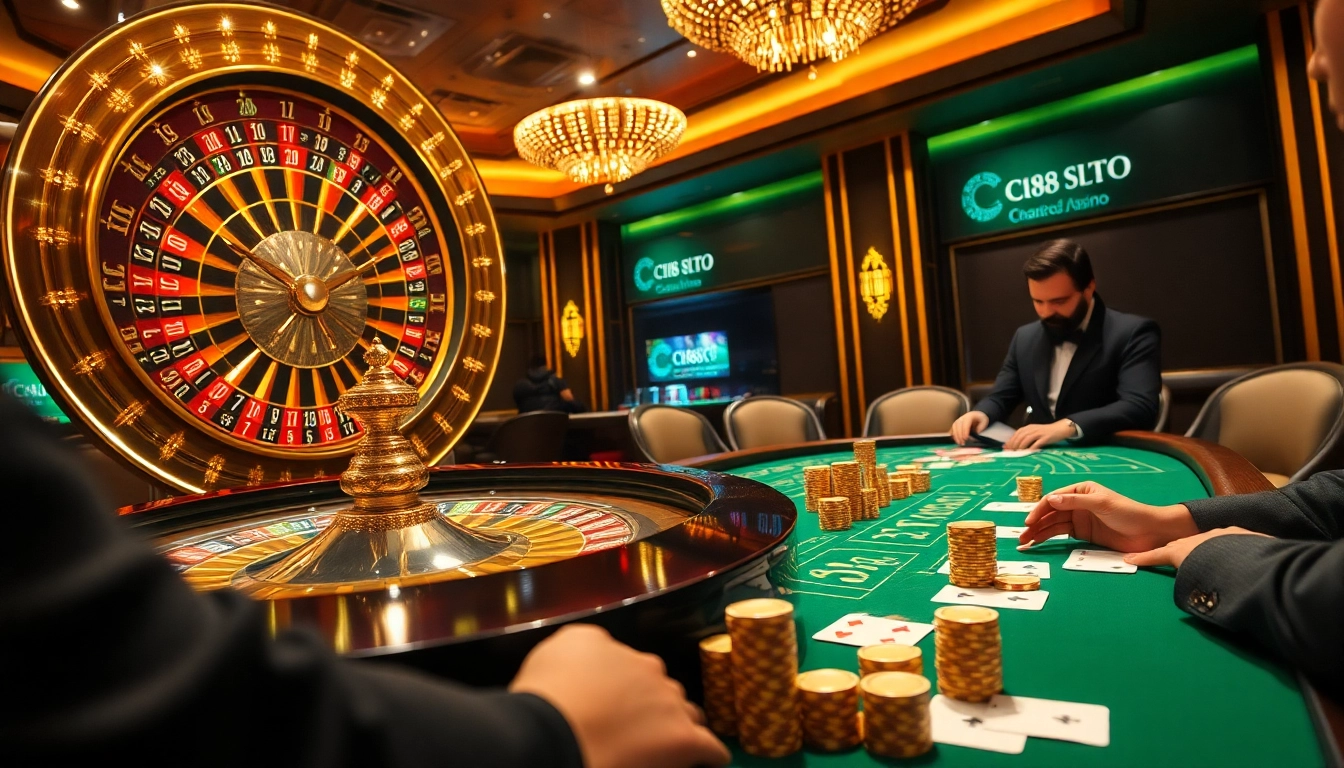 Experience the excitement of C168 with players engaged at a roulette wheel and poker table.