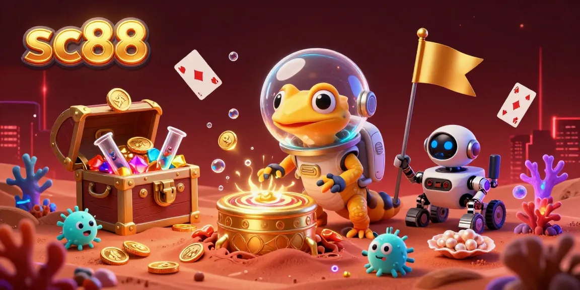Engage with the sc88 online casino, featuring a cartoon Martian gecko and treasure-filled casino scene.